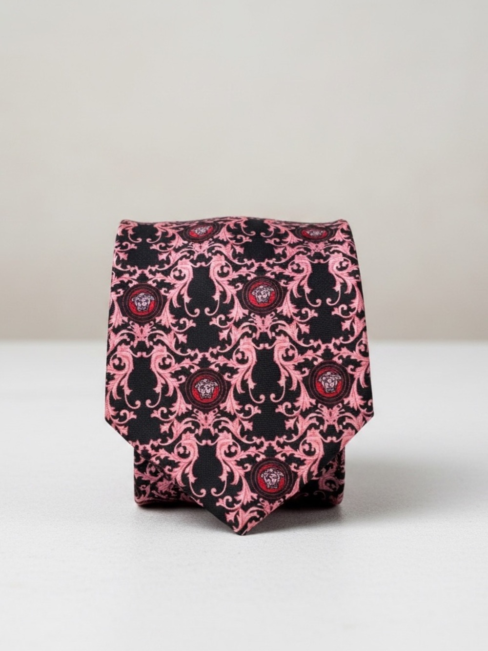 VERSACE Silk Pink and Black Baroque Pattern Silk Tie with Red Accents retro vtg